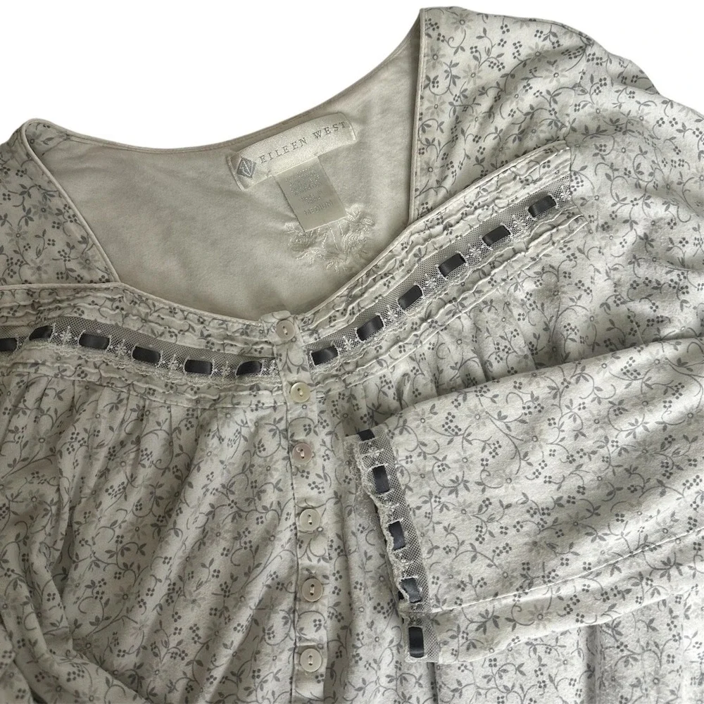 Eileen West Nightgown Women M  White Floral Lace‎ Trim Long Sleeve Cotton Modal